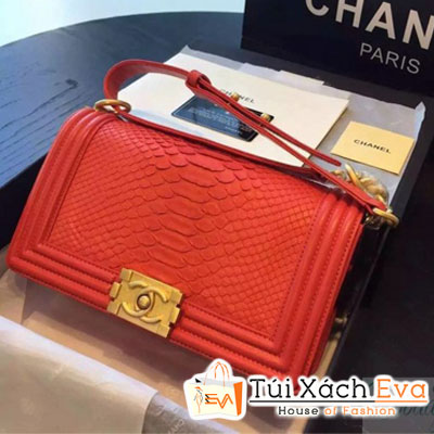 Túi Xách Chanel Boy Siêu Cấp Da Rắn Màu Đỏ Khóa Vàng Đẹp