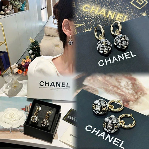 Bông Tai Chanel Double C Swarovski Pearl & Crystal Super