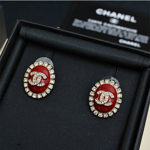 Bông Tai Chanel Oval Đỏ Logo Double C Siêu Cấp