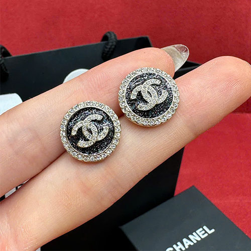 Bông tai Chanel siêu VIP 25B đính đá tròn đen vàng