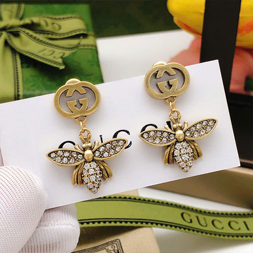 Bông Tai Gucci Ong Đôi Đính Đá Màu Vàng GED0037 Super