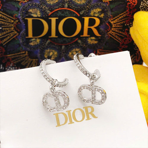Bông Tai Móc Dior CD Màu Bạc Đính Đá DED0332 Super