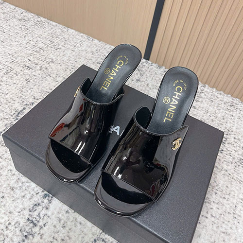 Dép Chanel Patent Leather Double C Slide – Siêu cấp - màu đen bóng