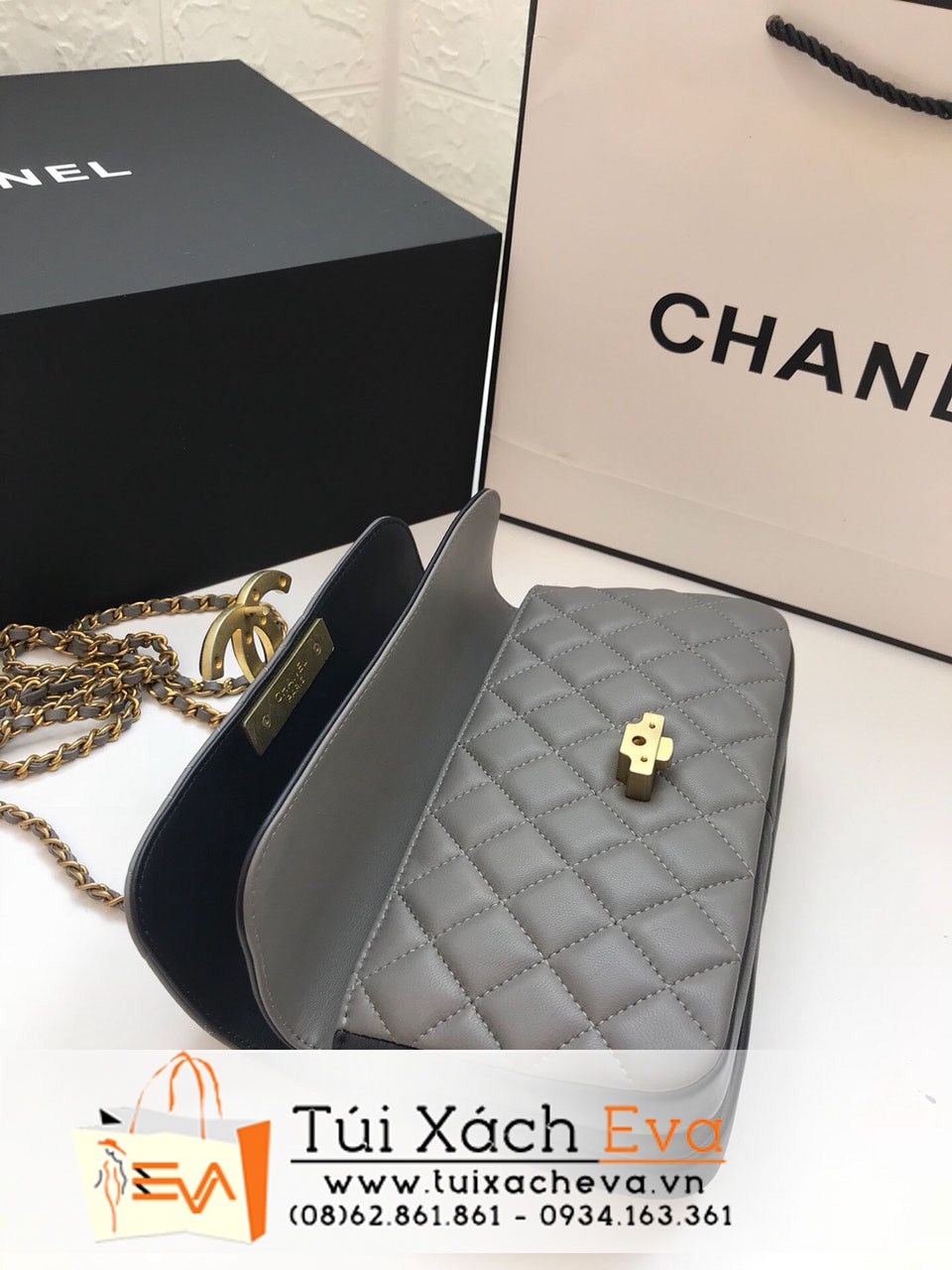 Túi Chanel Mini Flap Bag With Top Handle xám lamskin best quality