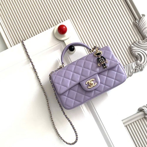 Túi Chanel 21K Mini CF Handle AS2431 Kèm Charm Màu Tím Siêu Cấp Size 20cm