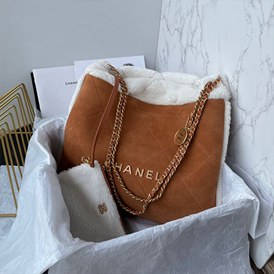 Túi Xách Chanel 22 Bag Lông Cừu Màu Nâu Đẹp AS3260