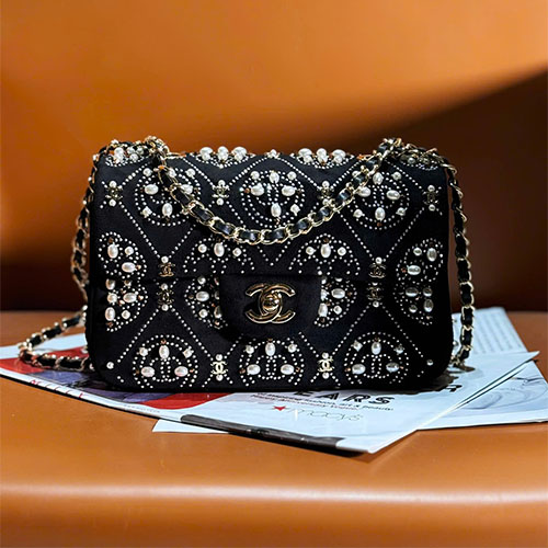 Túi xách Chanel 22C Pearl Crystal Classic Flap Velvet Bag Siêu Cấp