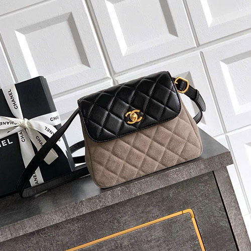 Túi Xách Chanel 25A Nắp Gập Phối Da Lộn Màu Xám Siêu Vip Size 18cm