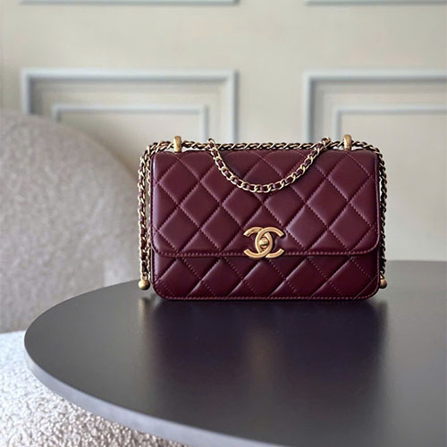 Túi xách Chanel 25S Double Gold Ball Da Bò Antiba Màu Đỏ Mận Size Lớn Siêu VIP