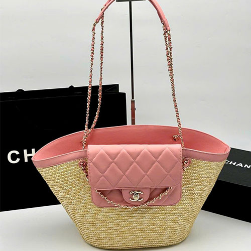 Túi xách Chanel 26C Tote Cói Đan Thủ Công Size Lớn - màu hồng