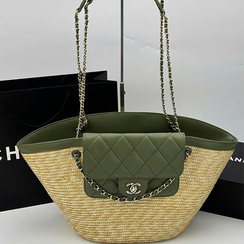 Túi xách Chanel 26C Tote Cói Đan Thủ Công Size Lớn - xanh rêu