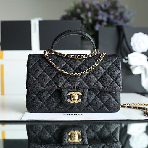 Túi xách Chanel CF Top Handle Mini Flap Màu Đen Like Auth Da Bê Hạt