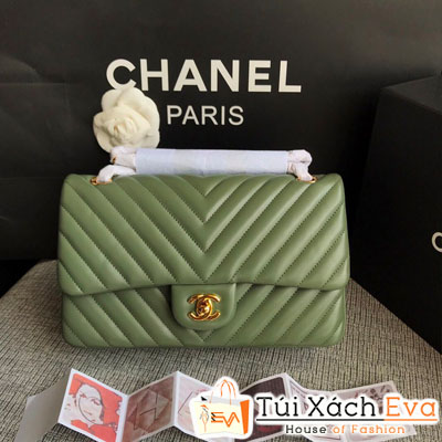 Túi Xách Chanel Classic Siêu Cấp Màu Xanh Rêu Nhũ Khóa Vàng  Da Lì