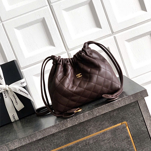 Túi xách Chanel Dây Rút Bucket Da Mềm Trám Logo CC Màu Nâu Cà Phê Siêu VIP