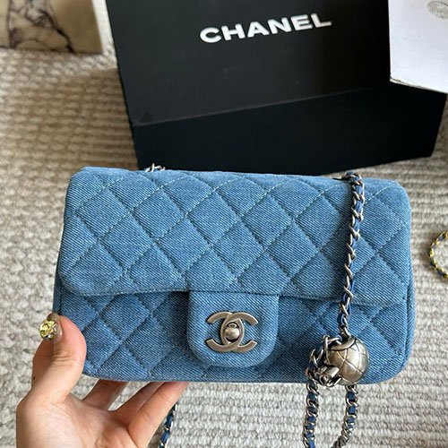 Túi Xách Chanel Denim Gold Ball Square Bag Fullbox Size 20 cm