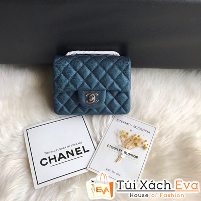 Túi Xách Chanel Mini Siêu Cấp Màu Xanh Dương Da Hạt Size 17cm