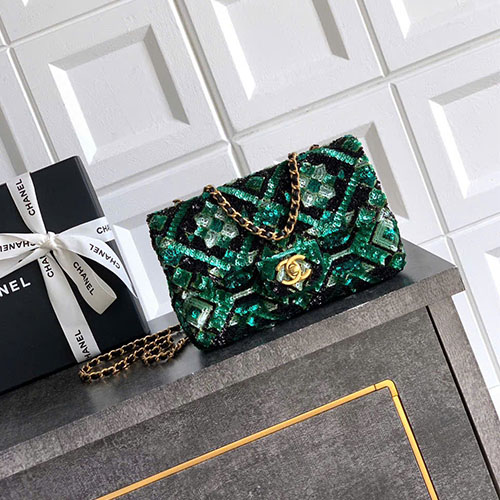 Túi Xách Chanel Siêu VIP CF Đính Cườm Thêu Sequin Màu Xanh Lục Bảo Handcraft