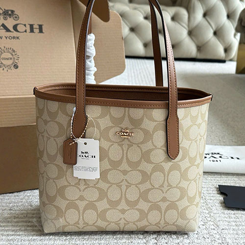 Túi xách Coach City Tote Bag Màu Nâu Full Box Size 23 cm