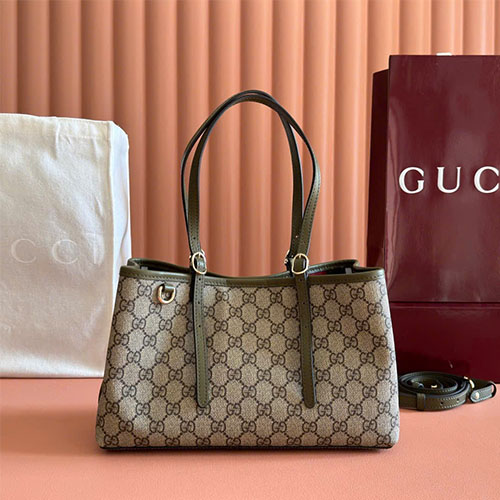 Túi xách Gucci siêu cấp GG Emblem tote bag 815214 màu nâu be viền xanh  PVC