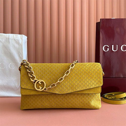 Túi xách Gucci siêu cấp GG Embossed Suede Shoulder Bag  – màu vàng nhung dập vân