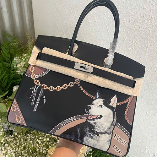 Túi xách Hermes Birkin Like Auth 30 cm vẽ tay graffiti hình chó Husky – khóa bạc