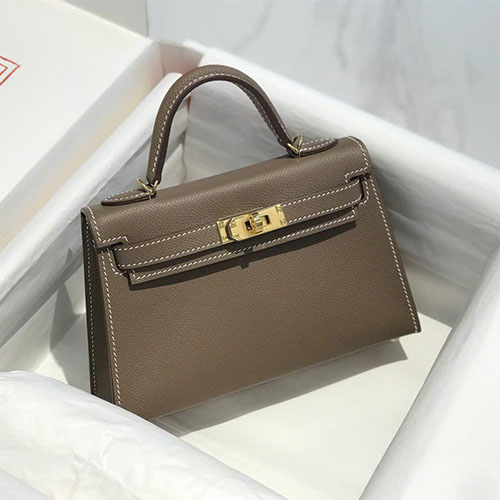 Túi xách Hermes Mini Kelly II Màu Xám Voi Khóa Vàng Da Epsom Siêu VIP