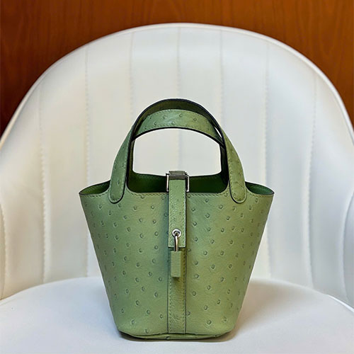 Túi xách Hermes Picoton 14 – Da đà điểu màu xanh bơ / Khóa bạc