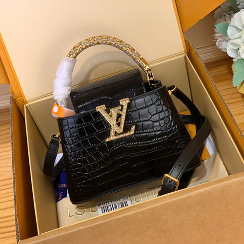 Túi Xách Louis Vuitton Siêu Vip Capucines Mini Tay Cầm Đính Đá Da Bò Vân Cá Sấu