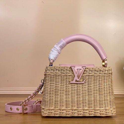 Túi xách LV Capucines Mini Rattan hồng denim đan mây siêu VIP – M28548