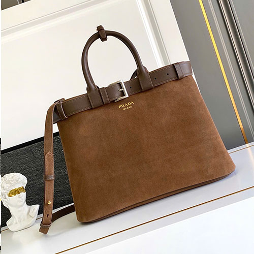 Túi Xách Nữ Lớn Prada Da Lộn Mềm 1BA416 Màu Nâu Size 38cm