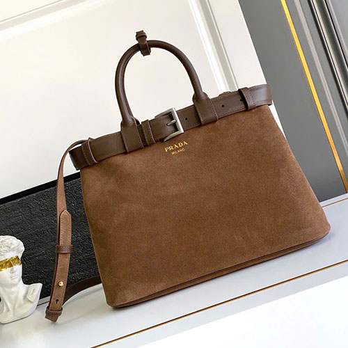 Túi Xách Nữ Trung Prada Da Lộn Mềm 1BA417 Màu Nâu Size 35cm