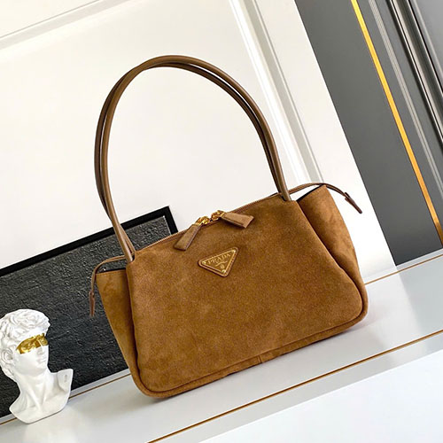 Túi Xách Prada Hobo Da Lộn 1BA444 Màu Nâu Nhạt Size 28cm