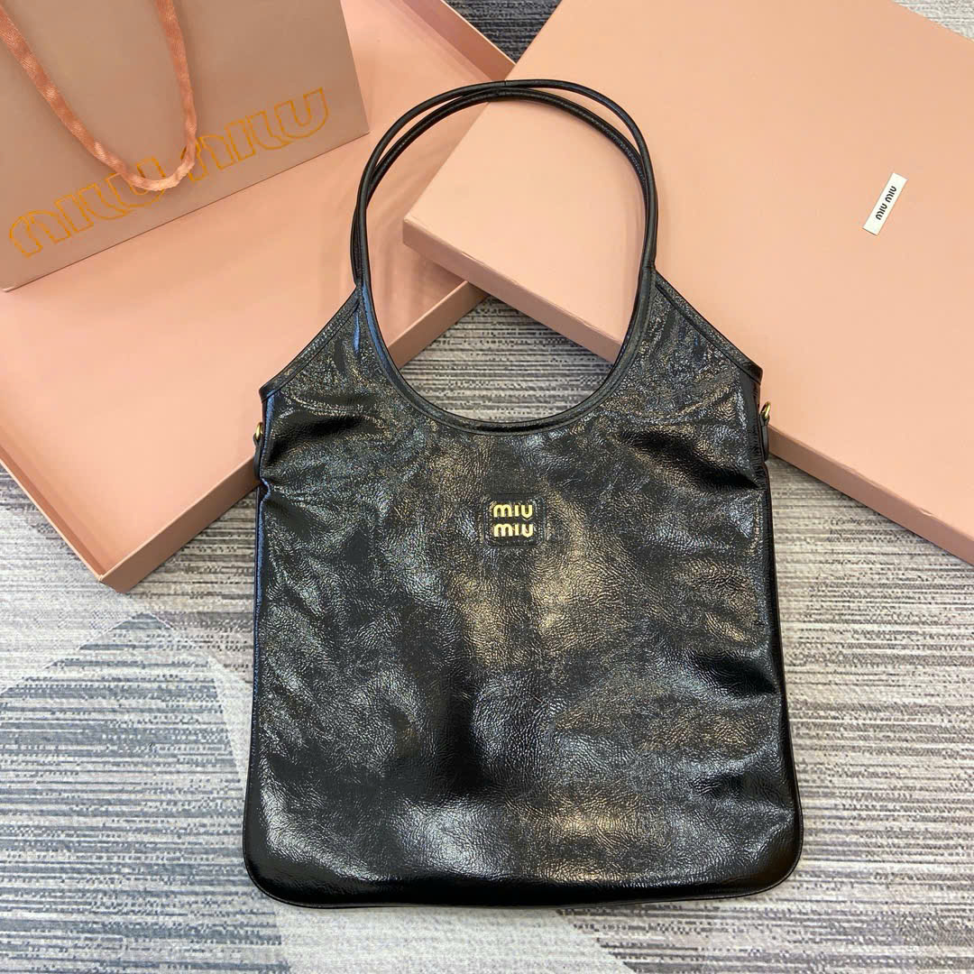 Túi Xách Tote Miu Miu IVY Naplak Da Cừu Bóng 5BG231 Màu Đen Siêu Cấp Size 40cm