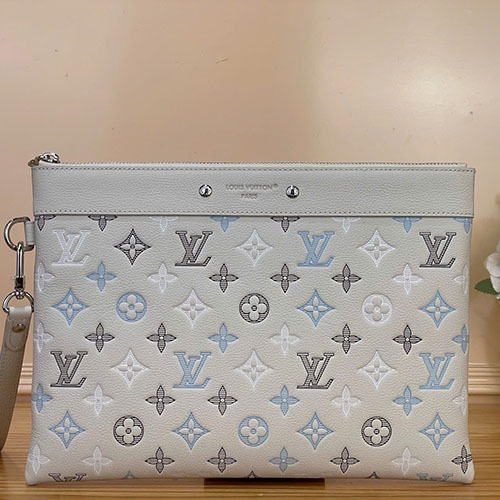 Ví cầm tay LV Pochette To-Go Monogram Shadow trắng gradient – M28913 – VIP
