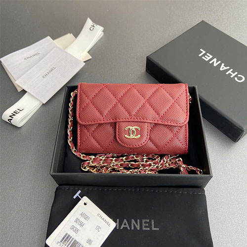 Ví Chanel Chain Card Holder A81081 Da Hạt Màu Đỏ Rượu Like Auth